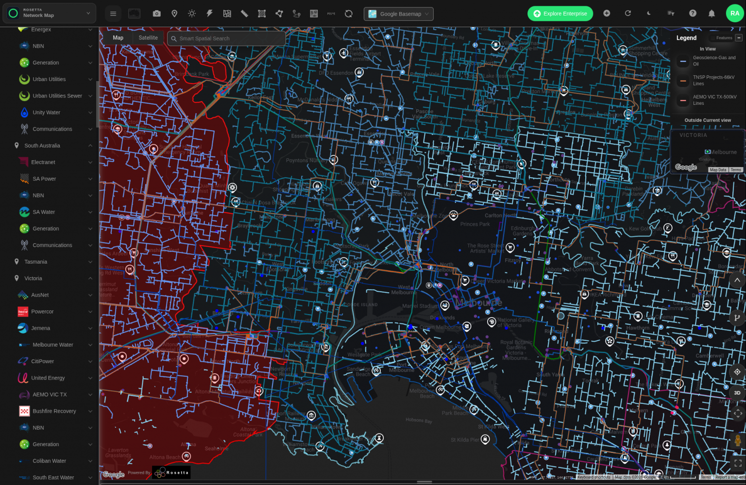 Network Map showing electricity, water, telecommunications and other utility networks in Melbourne